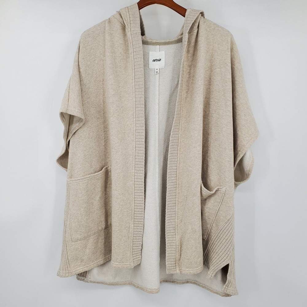 Aerie Hooded Open Front Cardigan Oatmeal Heather Poncho Wrap XS/S Lounge Cozy